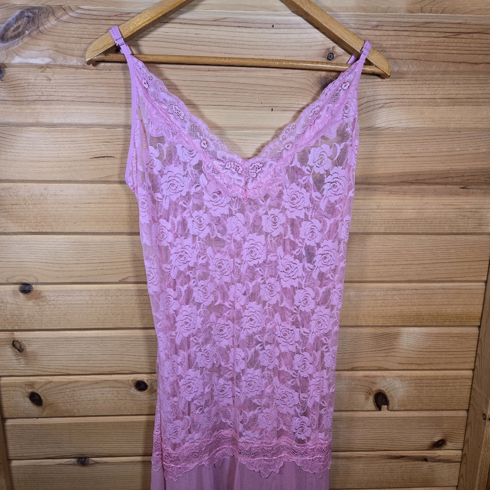 Vintage Slip Maxi Dress Lace Sheer Pink Womens Large Boudoir Sexy Siren Coquette